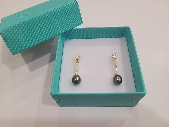 Cultured Pearl Earrings Tear-Drop Shape 8 mm AAA Black Color